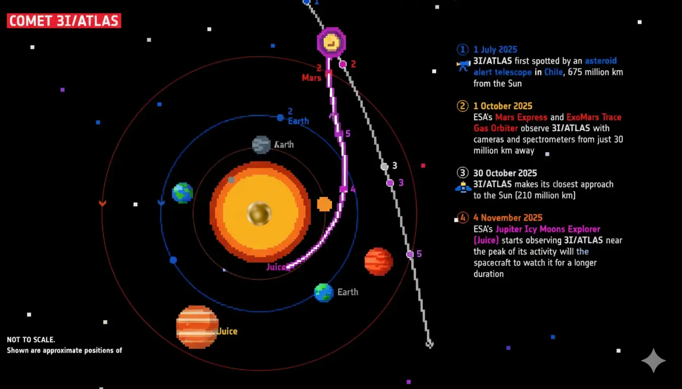 Stylized visual timeline of interstellar comet 3I/ATLAS passing through the Solar System